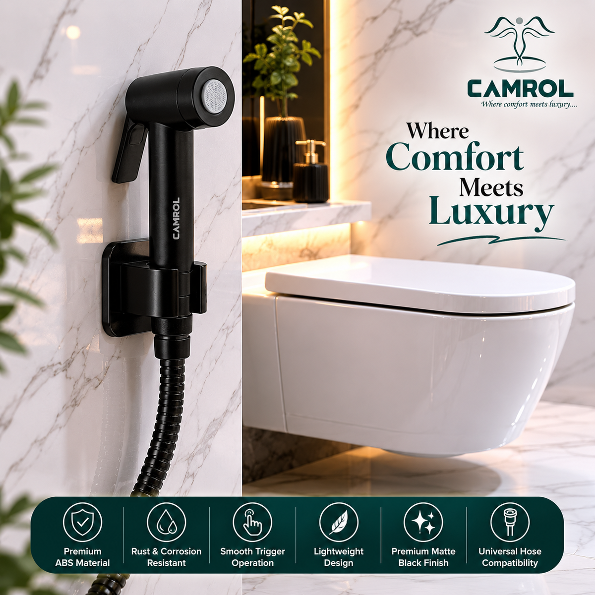 Camrol Jet Spray for Toilet |H/F ABS Health Faucet with 1 Meter Shower Hose Pipe & Wall Hook | Health Faucet Set for Bathroom | Black