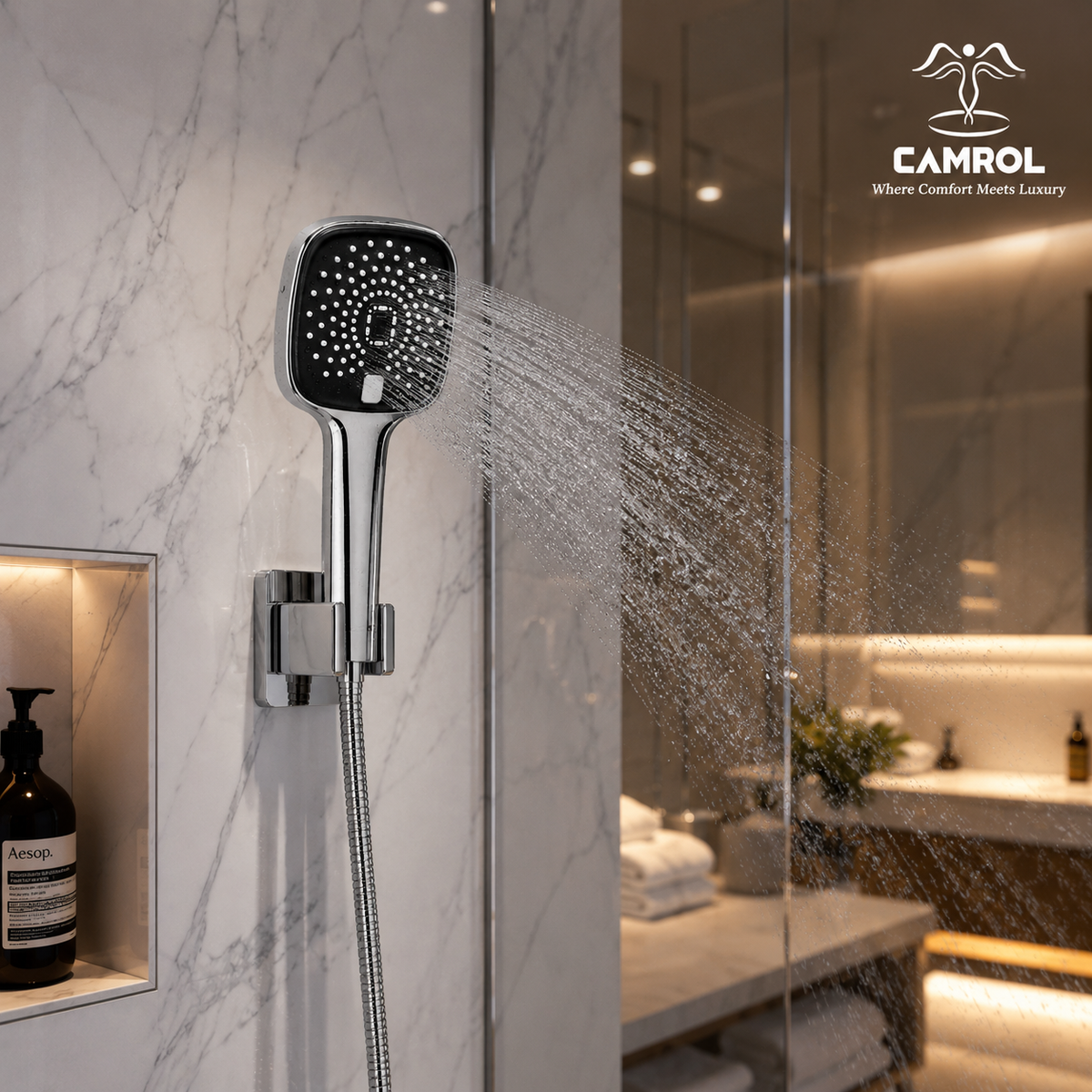 Camrol 5 Function Black Magic Hand Shower for Bathroom | Anti-Clog Silicone Nozzles | High Pressure | Black | Full Set