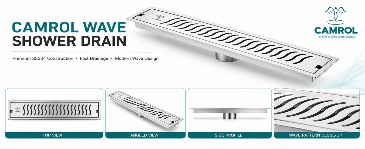 Camrol Shower Drain Wave Channel | 304 Grade Stainless Steel Floor Drain | Brushed Finish | Removable Grate with Cockroach Trap & Side Hole