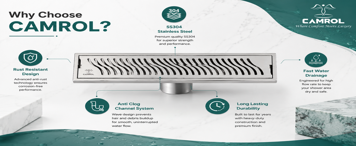Camrol Shower Drain Wave Channel | 304 Grade Stainless Steel Floor Drain | Brushed Finish | Removable Grate with Cockroach Trap & Side Hole