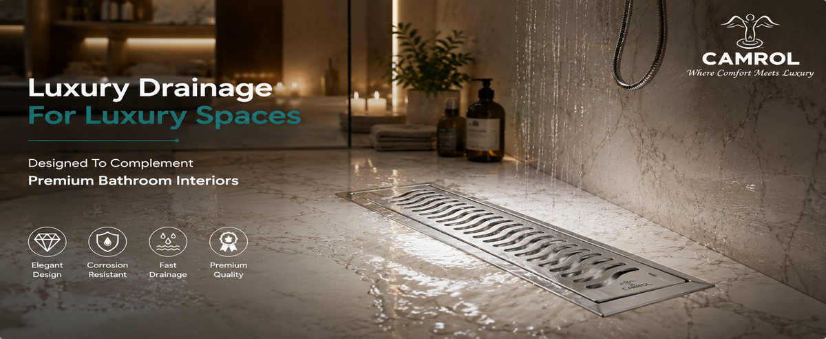Camrol Shower Drain Wave Channel | 304 Grade Stainless Steel Floor Drain | Brushed Finish | Removable Grate with Cockroach Trap & Side Hole