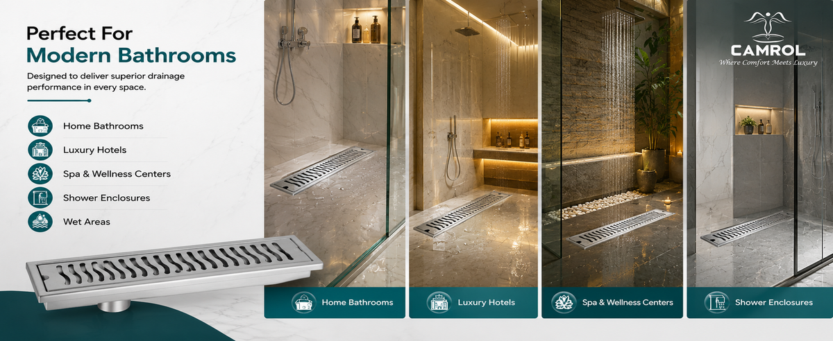 Camrol Shower Drain Wave Channel | 304 Grade Stainless Steel Floor Drain | Brushed Finish | Removable Grate with Cockroach Trap & Side Hole